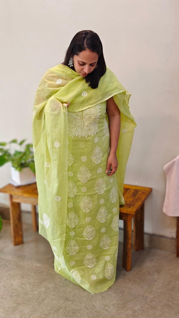 Lime green Net kota Chikankari Unstitched salwar suit