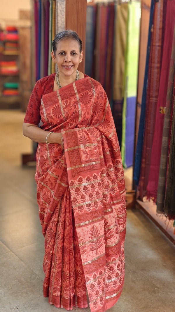 Blockprinted Chanderi Saree