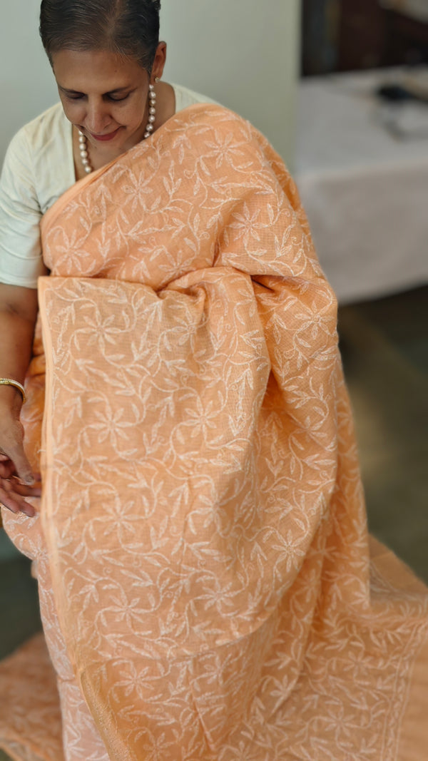 Peach chikankari saree