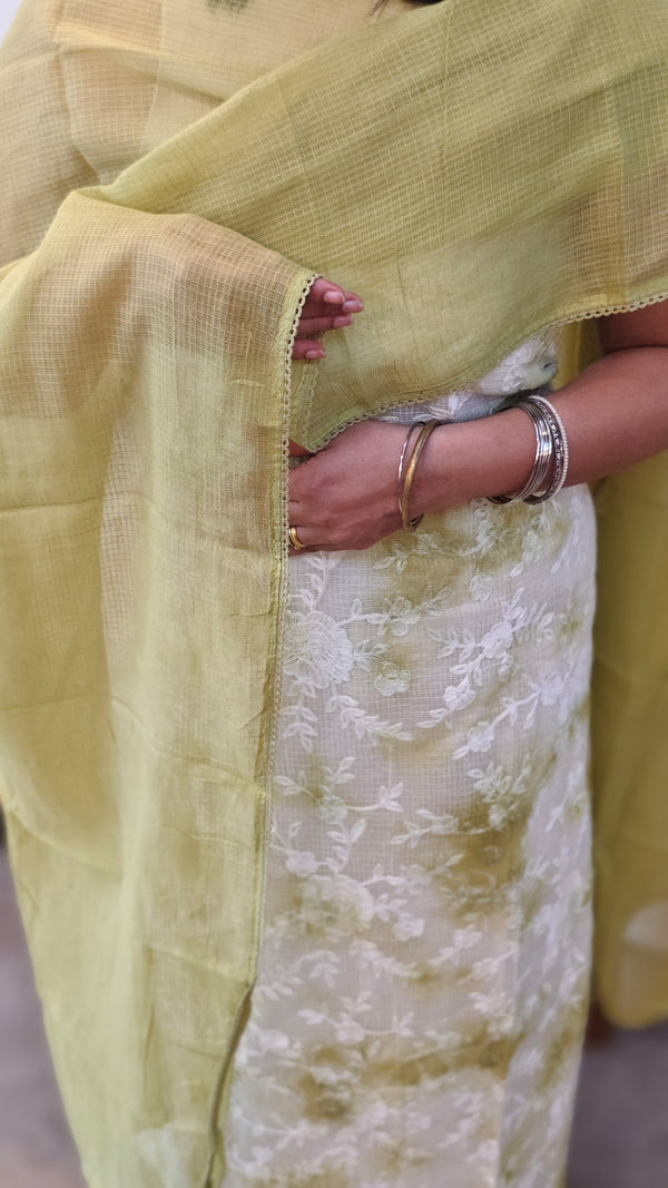off white and green net kota suit