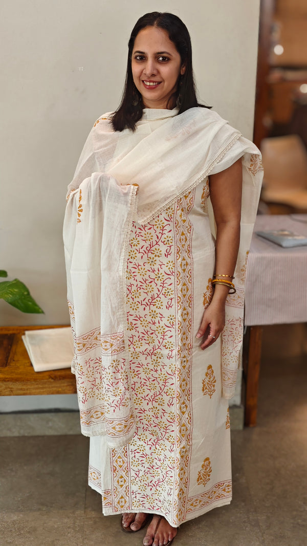 Off white cotton block printed suit