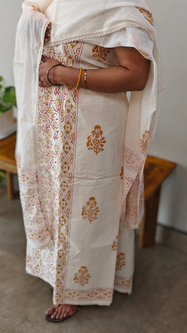 Off white cotton block printed suit