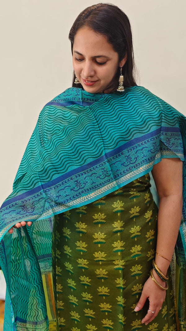 Green and blue tussar silk suit