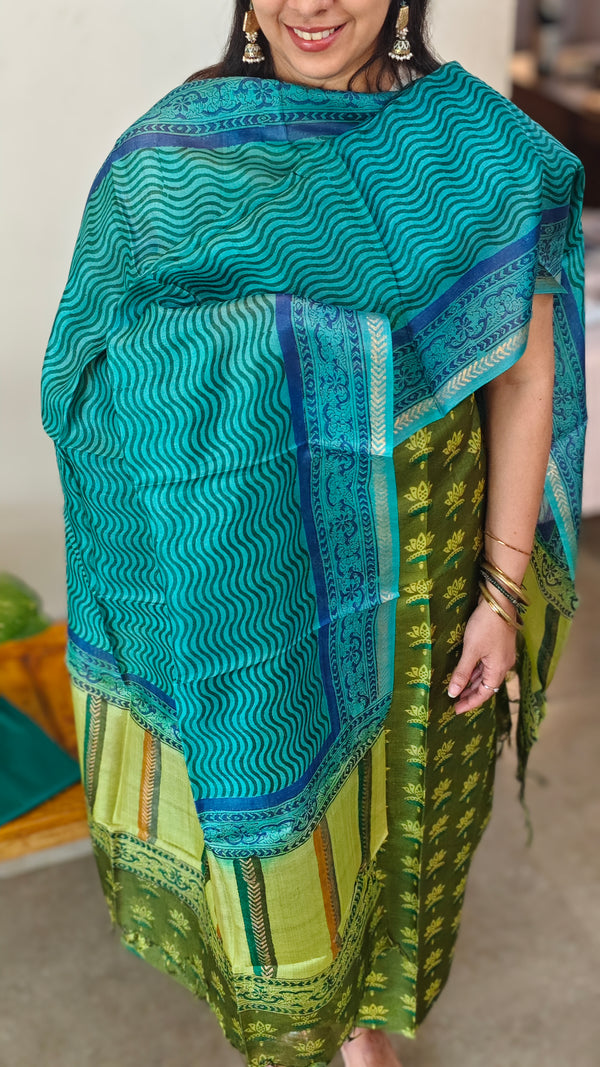Green and blue tussar silk suit