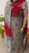 Grey and red block net kota suit