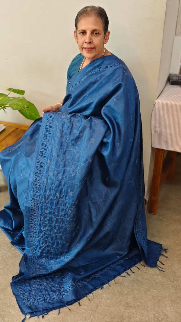 Blue cutwork tussar silk saree`