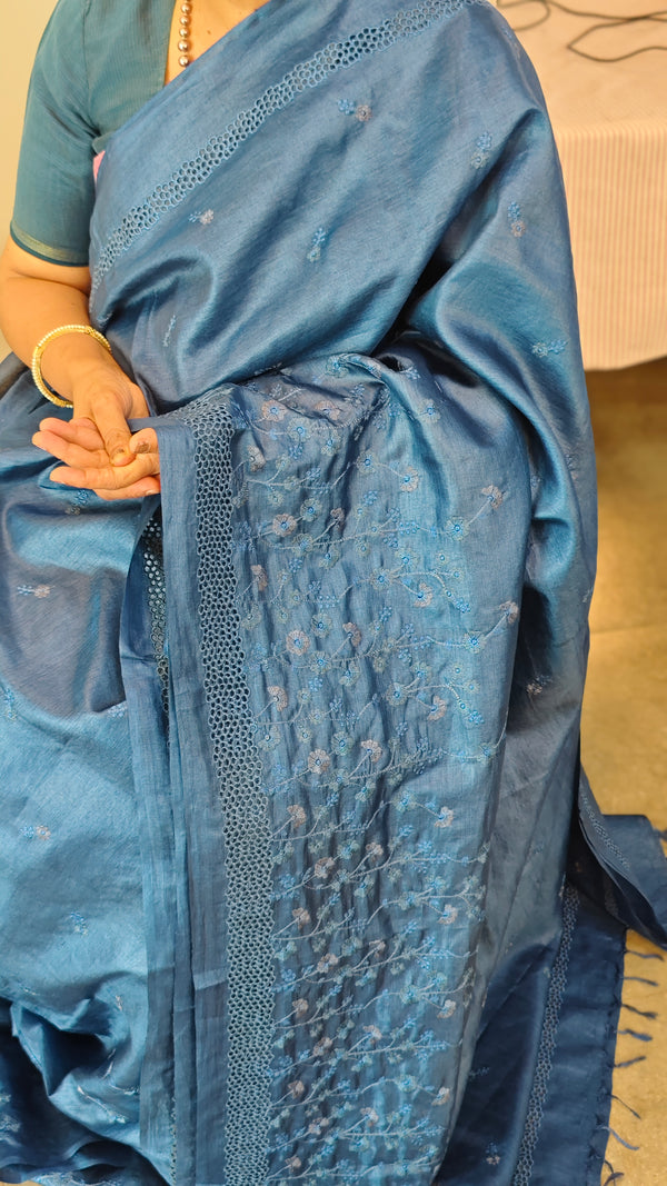 Blue cutwork tussar silk saree`