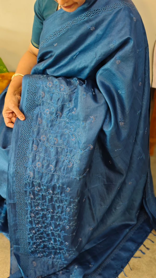 Blue cutwork tussar silk saree`