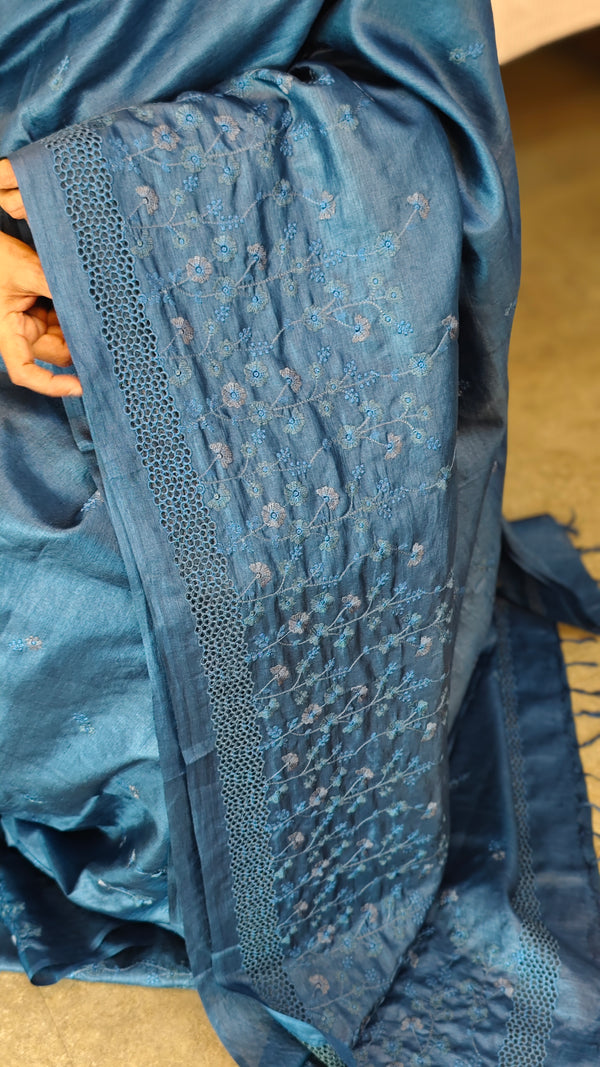 Blue cutwork tussar silk saree`