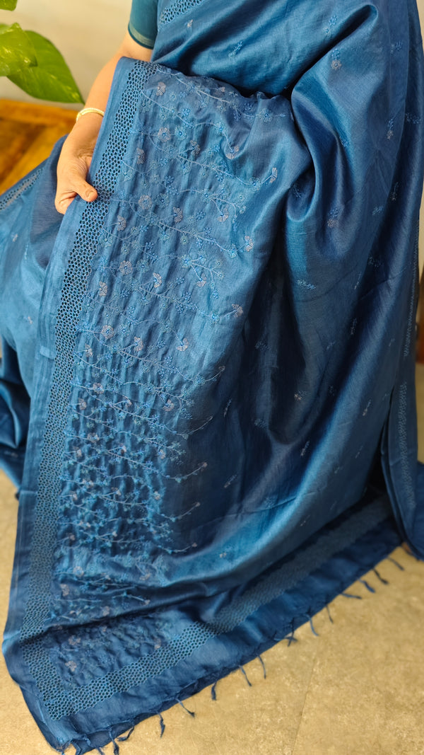 Blue cutwork tussar silk saree`
