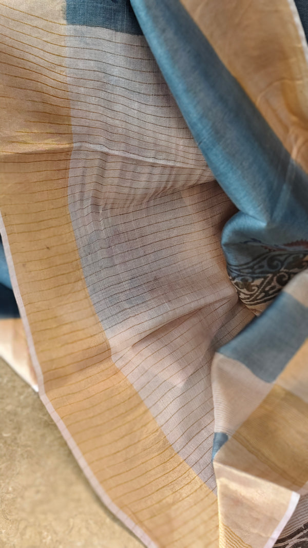 Blue printed tussar silk saree