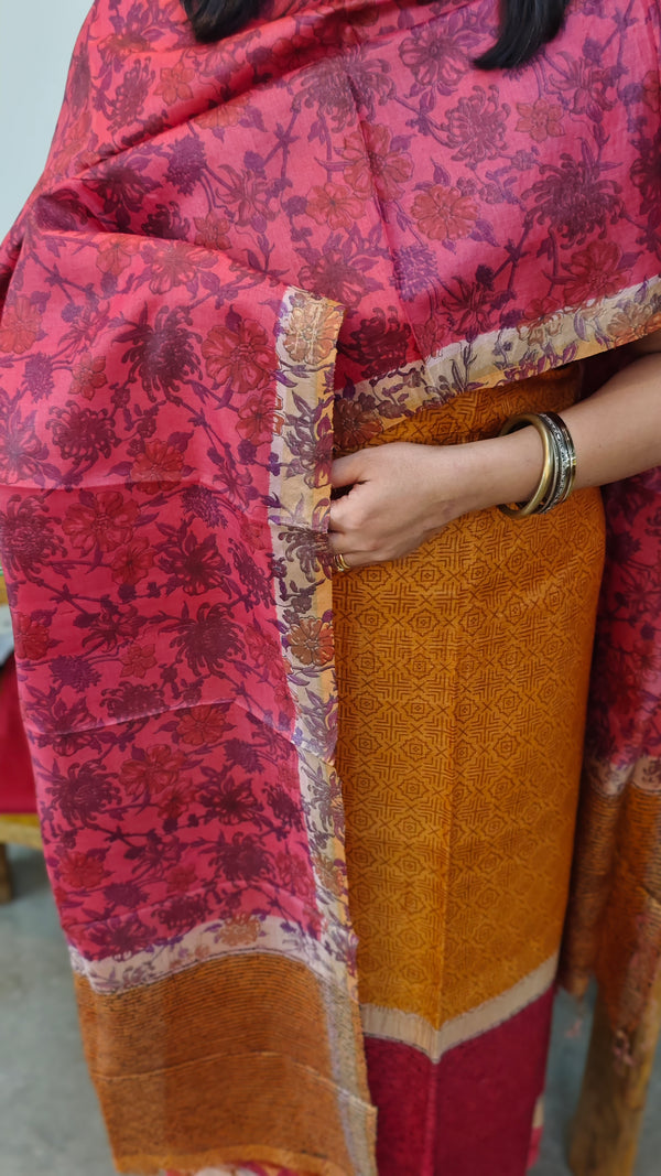 orange and red printed tussar suit