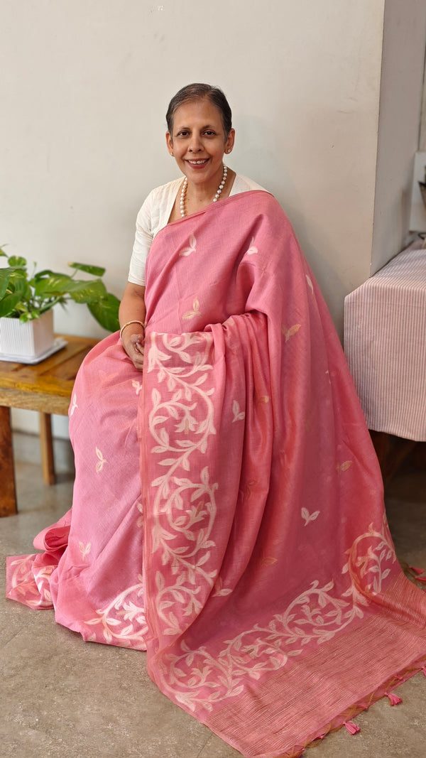 Blush pink linen jamdani saree