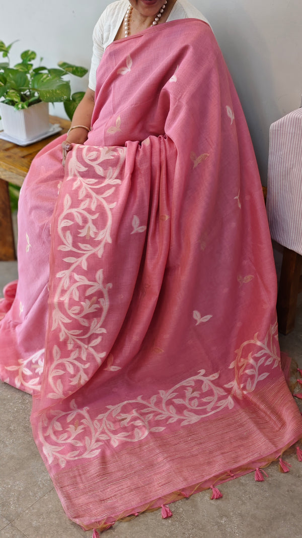 Blush pink linen jamdani saree