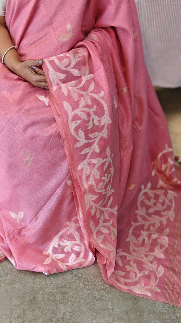Blush pink linen jamdani saree