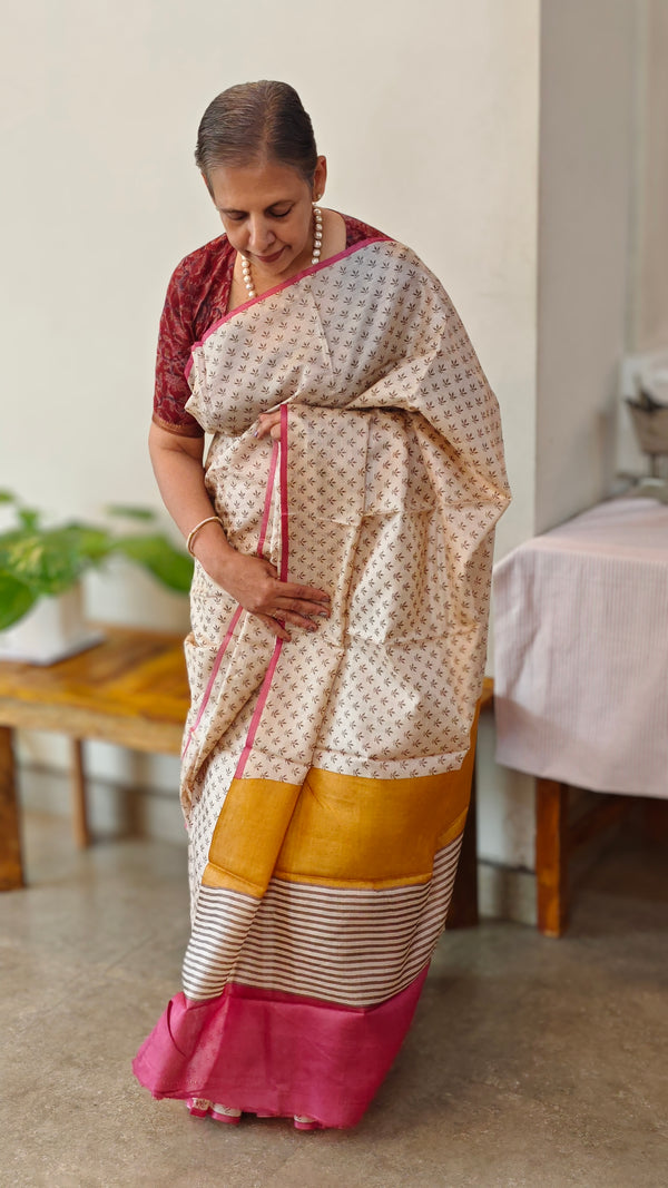 Off white printed tussar silk saree