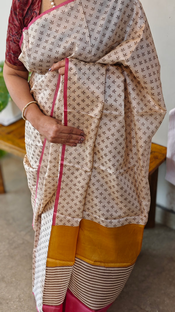 Off white printed tussar silk saree