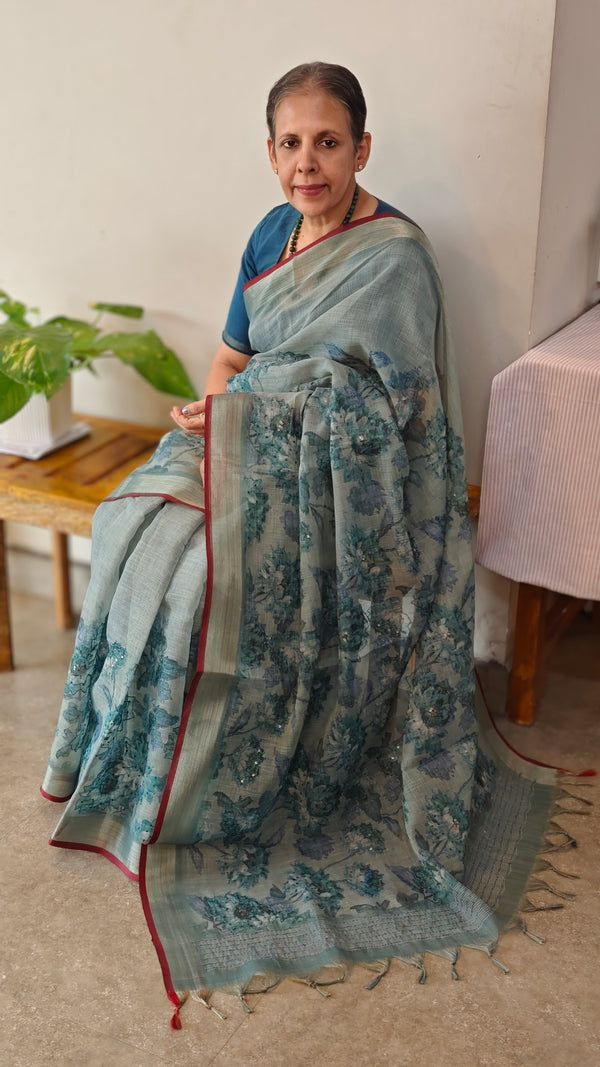 Iceberg blue linen tissue saree