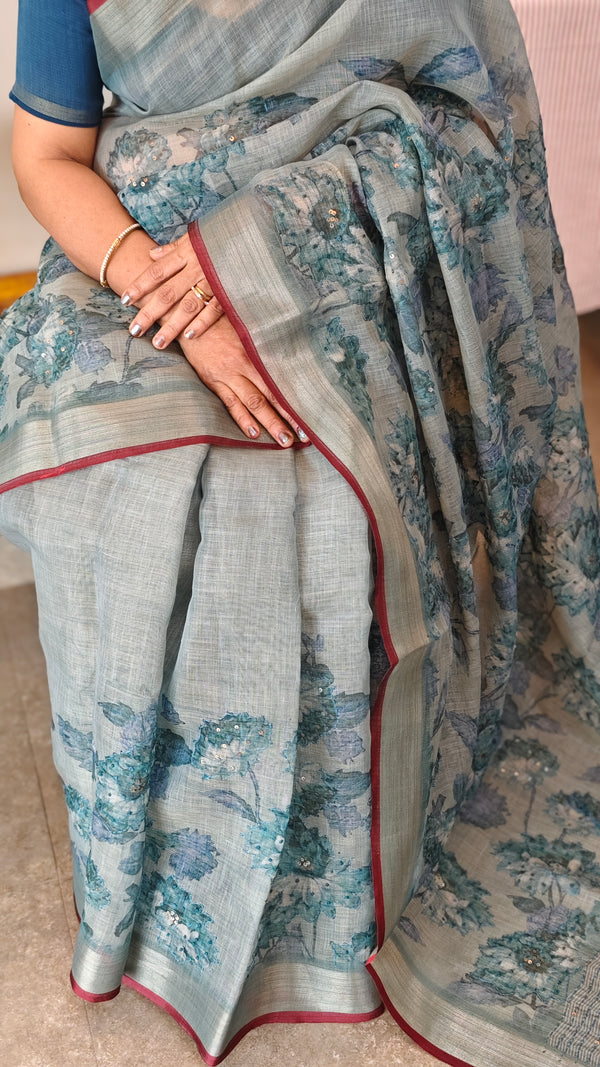 Iceberg blue linen tissue saree