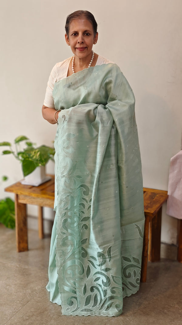 Teal shade applique saree