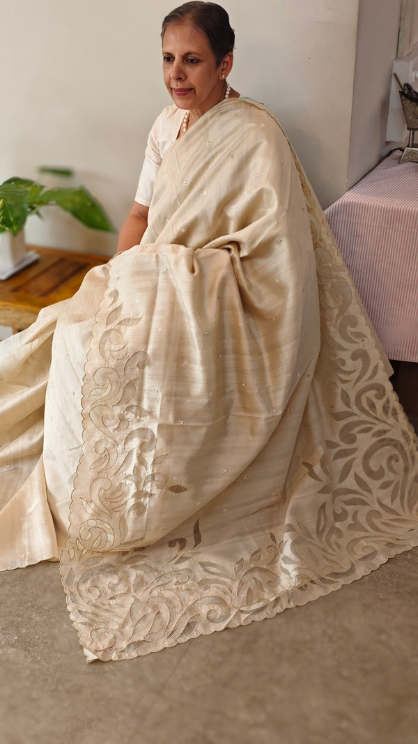Beige shade applique designed saree