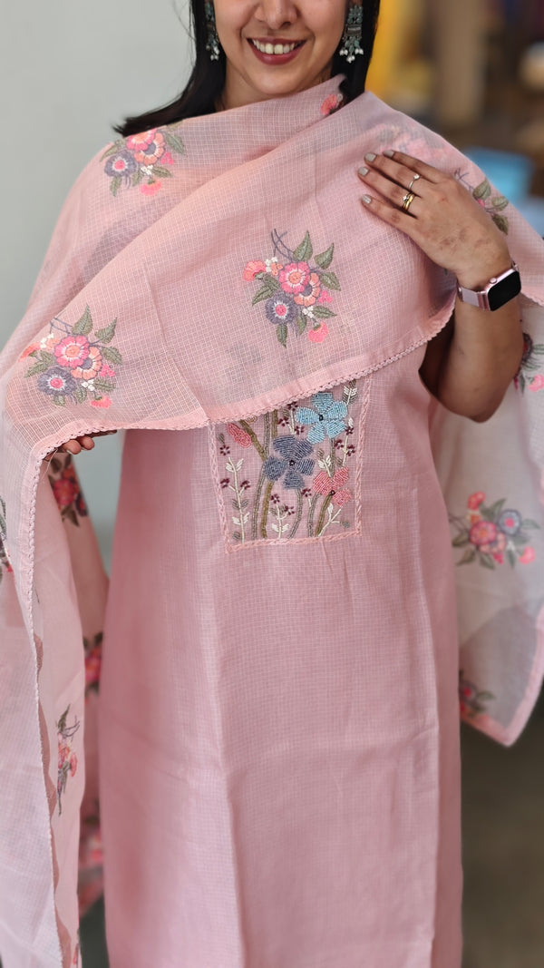Pastel peach embroidered net kota suit