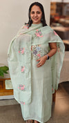 Pastel green embroidered net kota suit