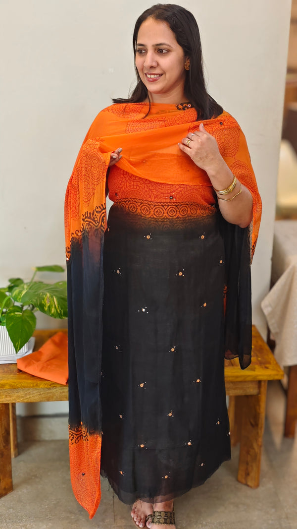 Black and orange net kota suit