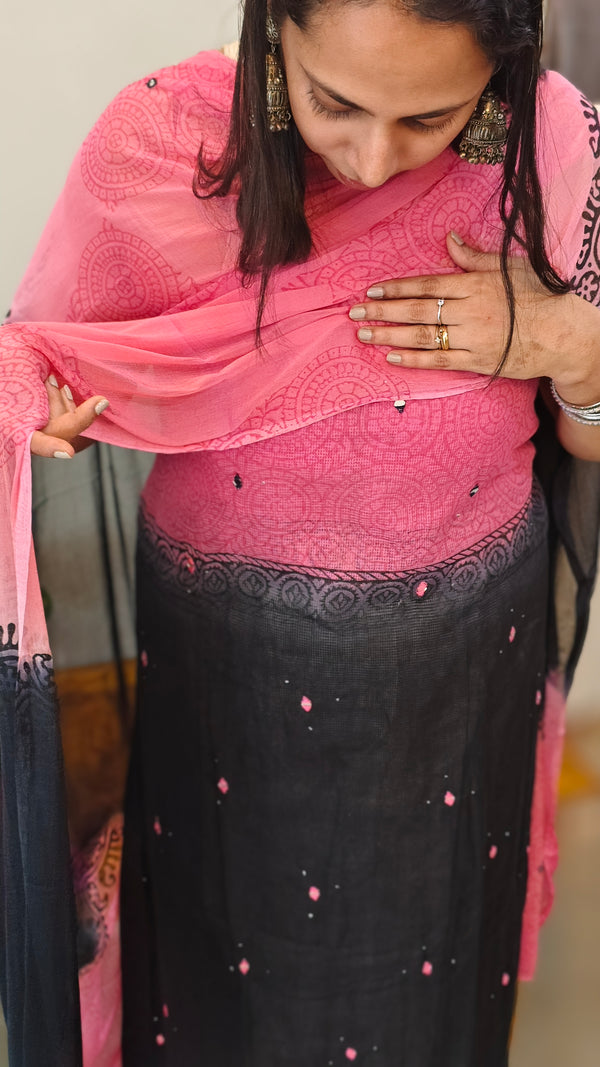 Navy blue and pink net kota suit
