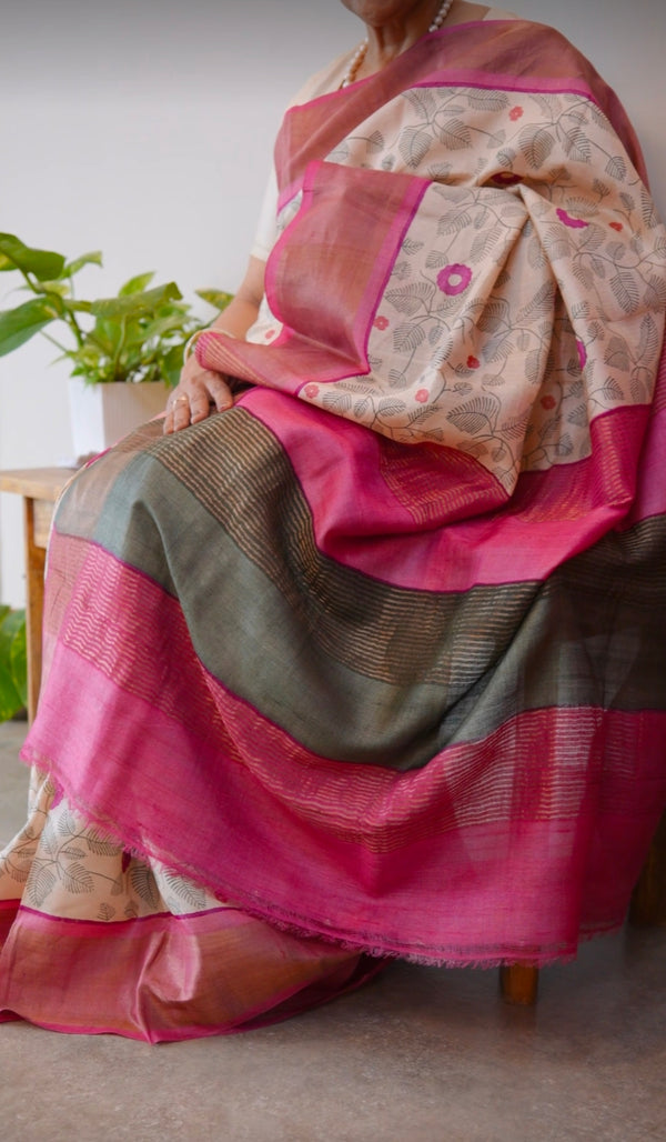Printed tussar silk saree