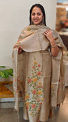 Beige hand painted tussar silk suit