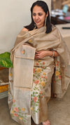 Beige hand painted tussar silk suit