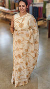 Off white linen tissue saree with brown applique