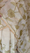 Off white linen tissue saree with green applique