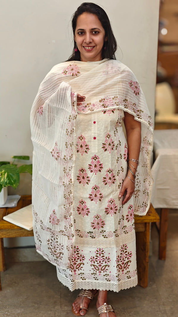 Block printed off white cotton suit