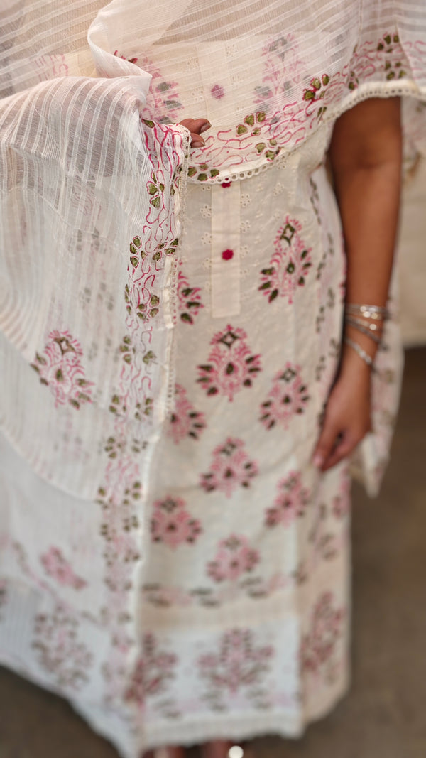 Block printed off white cotton suit
