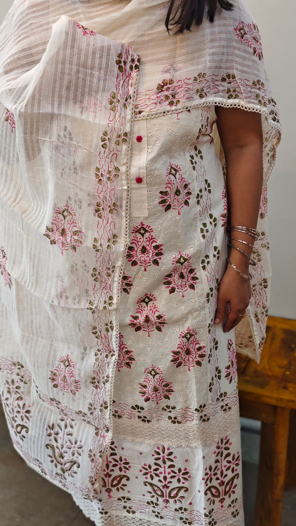 Block printed off white cotton suit