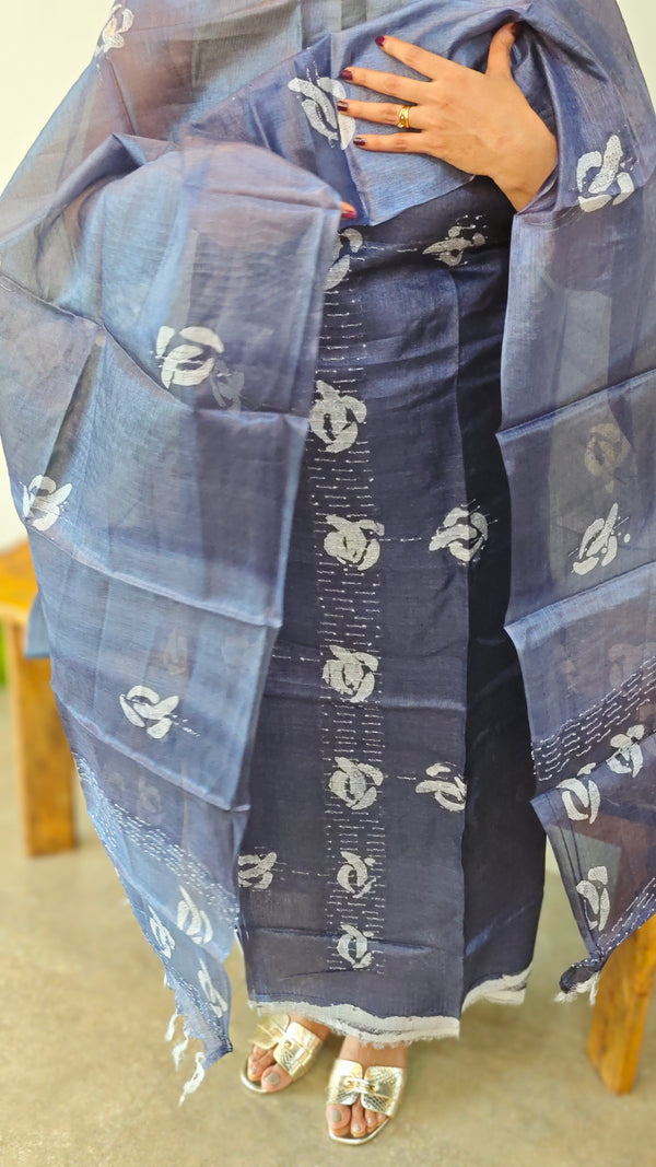 Ink blue tussar silk suit