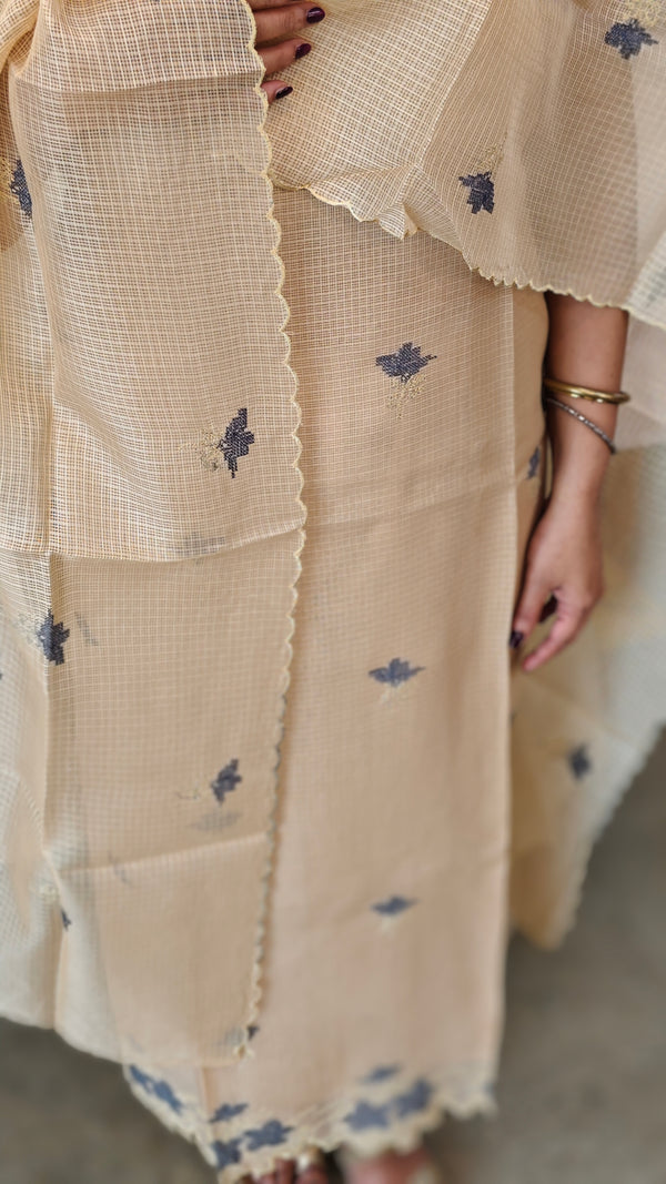 Beige and grey cross stitch embroidered net kota suit