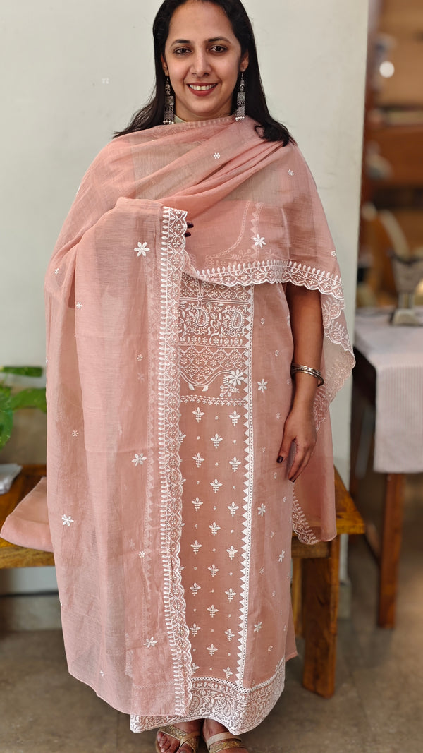 Dusty peach embroidered mal chanderi suit