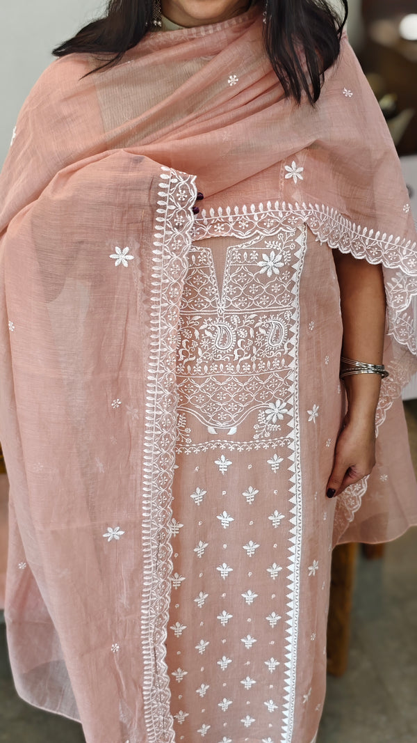 Dusty peach embroidered mal chanderi suit
