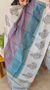 Block printed tussar silk suit