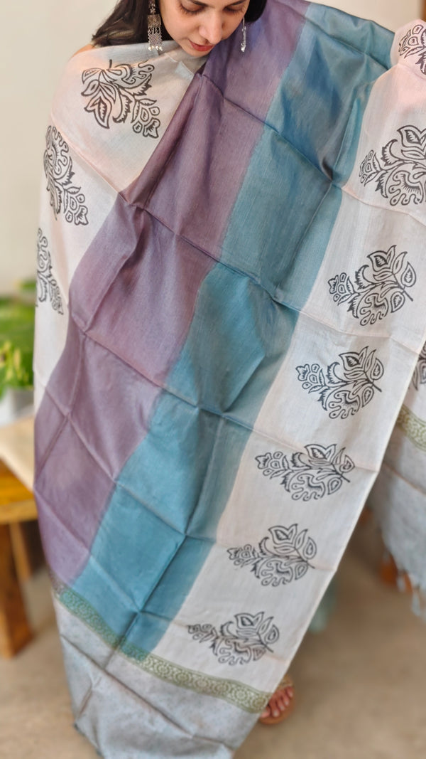 Block printed tussar silk suit