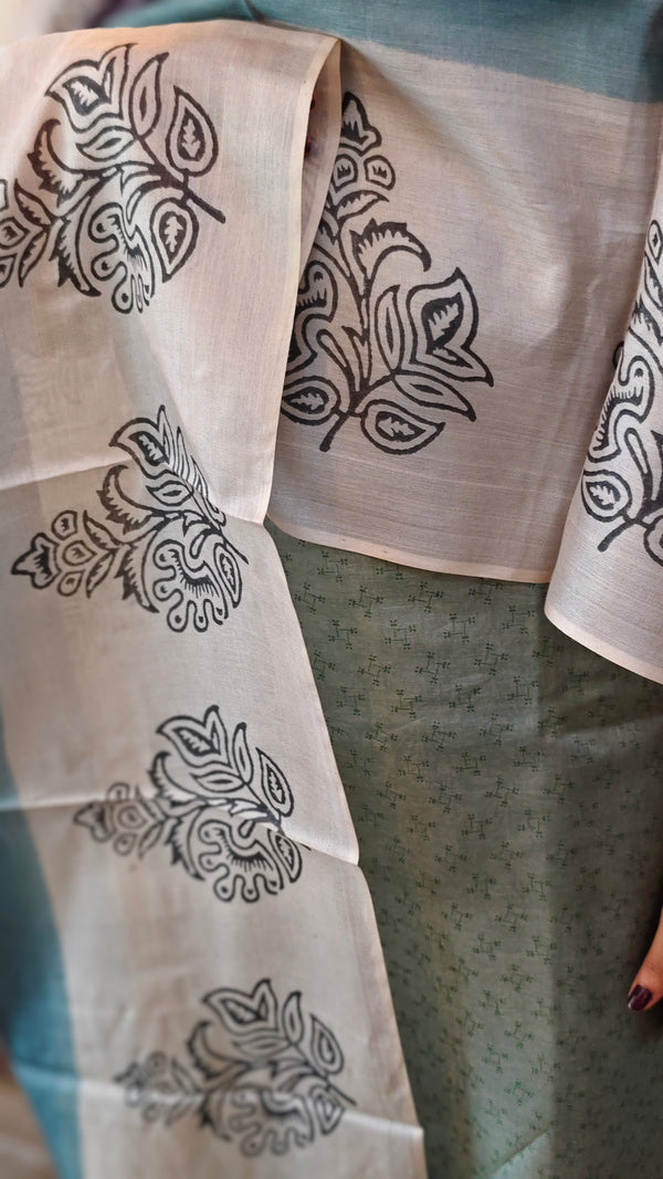 Block printed tussar silk suit