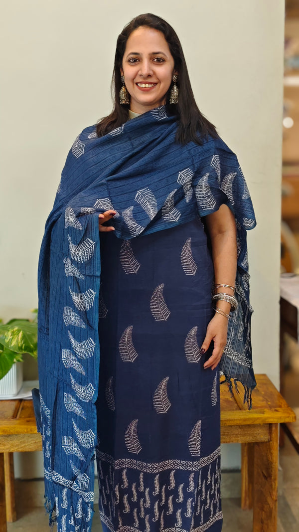 Blue block printed chanderi suit