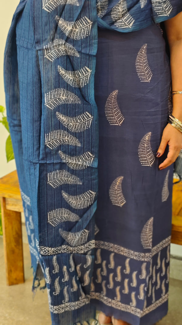 Blue block printed chanderi suit