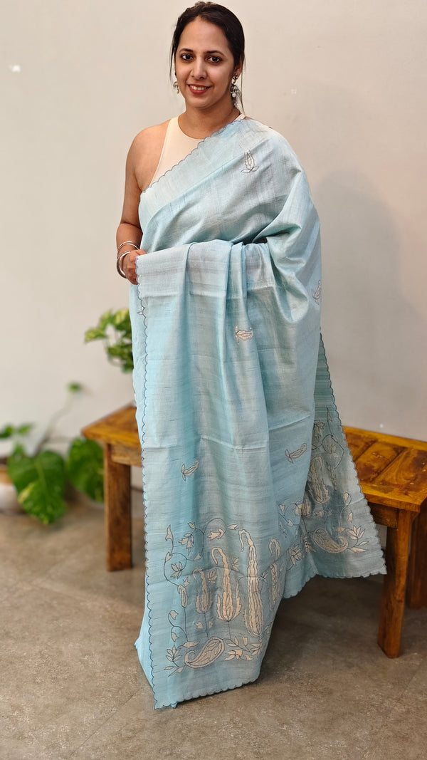 Aqua blue applique saree