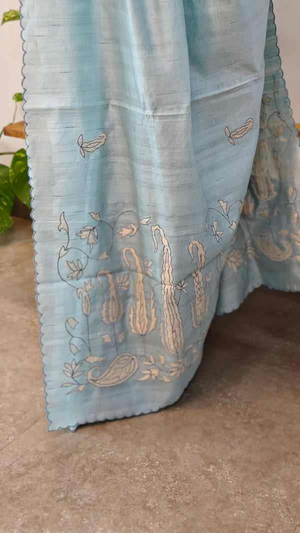 Aqua blue applique saree