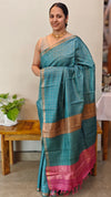 CTPR - Azure blue shade Zari checked tussar saree
