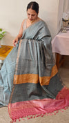 CTPR - Greyish blue checked tussar silk saree